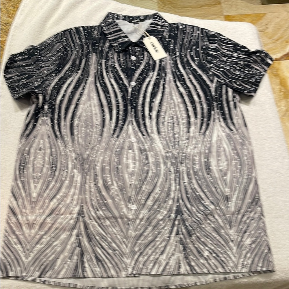 Black and White Casual Button Down Shirt with Optical Illusion Design